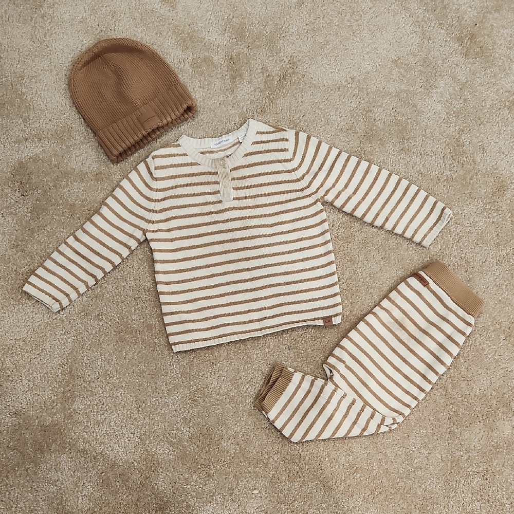 Country Road Cream and Tan Striped Knit Kids Set with Beanie Size 18-24 Months